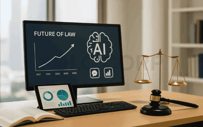 Desktop monitor showing a future of law AI dashboard with predictive analytics graph, AI brain icon, and legal symbols like scales of justice and gavel.