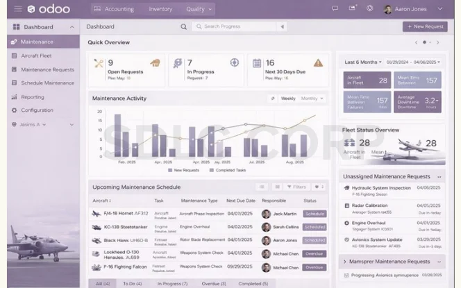 Odoo ERP dashboard for aerospace and defense industry showing maintenance, inventory, and operational analytics on an enterprise website