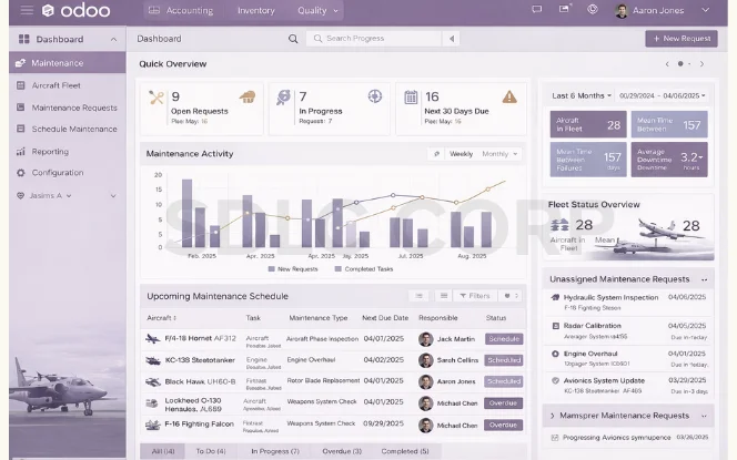 Odoo ERP maintenance dashboard for aerospace and defense with aircraft lifecycle management, MRO tracking, and preventive maintenance analytics