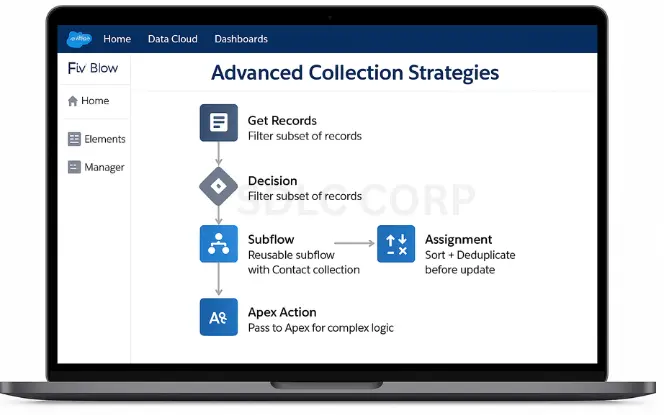 Salesforce Flow Builder showing advanced collection strategies with subflow, filter, sort, and Apex.