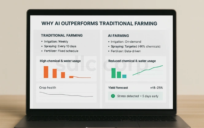 Comparison slide showing how AI farming uses less water and chemicals, improves crop health, and boosts yield versus traditional farming methods.