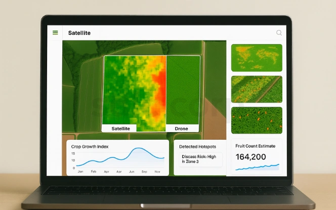 Satellite and drone-based crop monitoring dashboard showing field heatmap, crop growth trends, disease hotspots, and a fruit count estimate of 164,200.