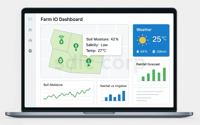 Smart farming dashboard displaying real-time soil moisture, salinity, temperature, weather data, and rainfall vs. irrigation analytics.