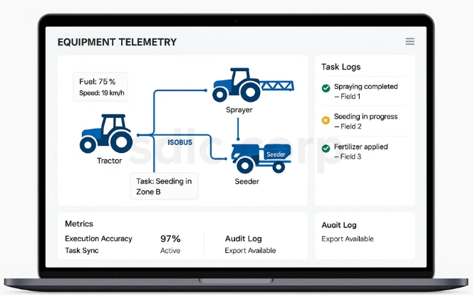 Equipment telemetry dashboard showing real-time tractor, sprayer, and seeder activity with task logs, fuel level, speed, and execution accuracy.