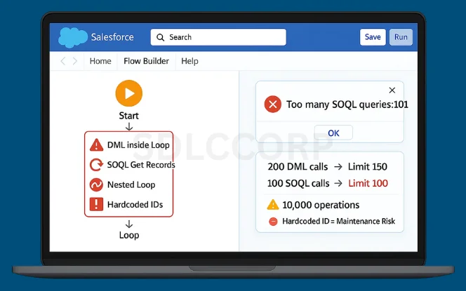 Salesforce Flow performance pitfalls like DML inside loops and SOQL queries causing governor limit errors