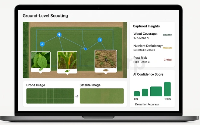 Ground-level scouting dashboard showing weed coverage, nutrient deficiency, pest risk zones, and AI detection accuracy using drone and satellite imagery.