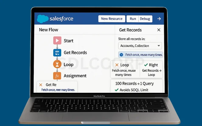 Salesforce Flow best practice minimizing Get Records inside loops to prevent SOQL limit errors.