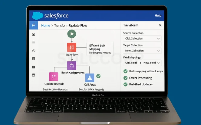 Salesforce Flow advanced techniques like Transform element, batch updates, and Apex for scalability.