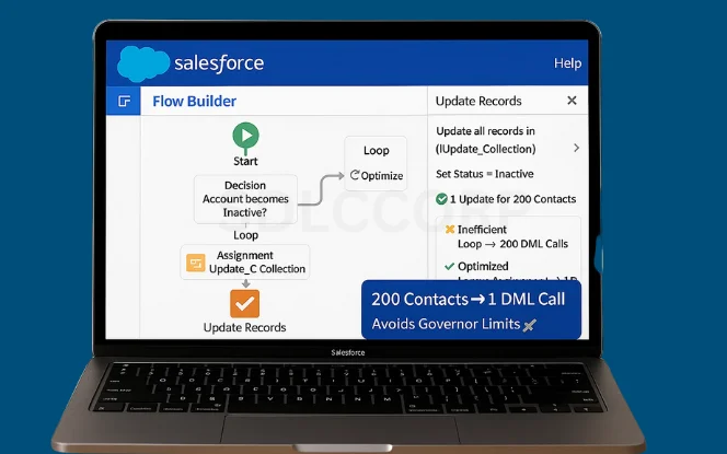 Salesforce Flow real-world example optimizing loops with bulk updates to avoid governor limits.