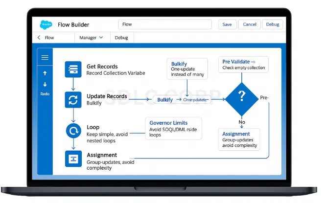 Salesforce Flow Builder showing collection best practices: bulkify, validate, optimize.)