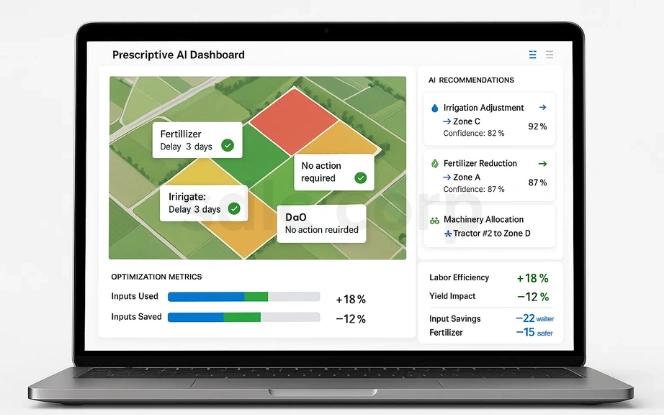Prescriptive AI dashboard showing smart farming recommendations with zone-based actions, confidence scores, and input optimization metrics.