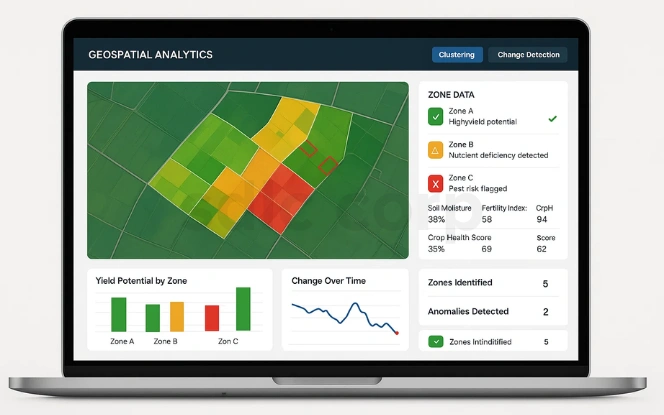 Geospatial analytics dashboard showing zone-based yield potential, pest and nutrient alerts, historical trends, and anomaly detection across farmland.