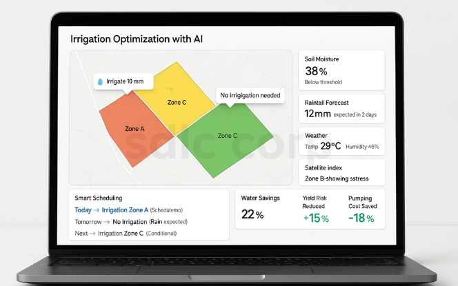 AI-powered irrigation optimization dashboard showing zone-wise water recommendations, real-time weather and soil data, and projected yield and cost savings.