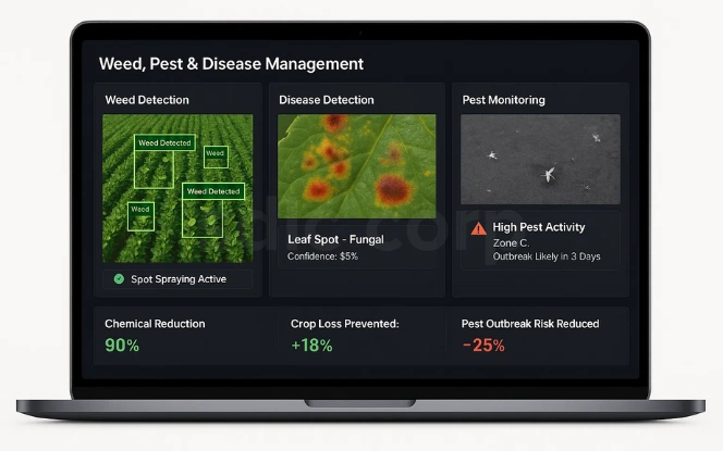 AI dashboard for weed, pest, and disease management with real-time detection, outbreak alerts, and reduction impact metrics.