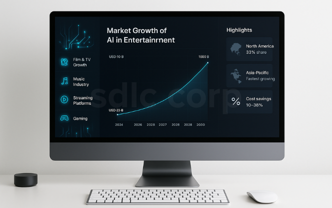Desktop mockup showing AI in media and entertainment market growth with charts and industry insights