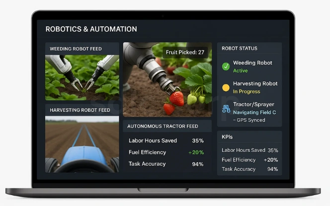 Robotics and automation dashboard showing live robot feeds, fruit picking stats, GPS-based tractor navigation, and performance KPIs for labor and fuel efficiency.