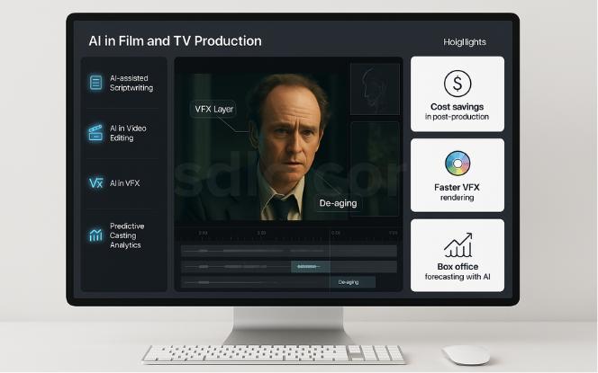 Desktop mockup showing AI in film and TV production with scriptwriting, video editing, VFX, and predictive analytics dashboards..