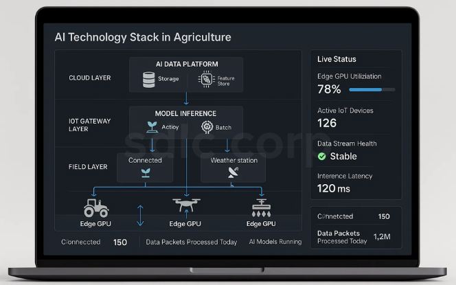 AI technology stack dashboard for agriculture showing cloud-to-field data flow, edge GPU usage, IoT device activity, and real-time inference system status.