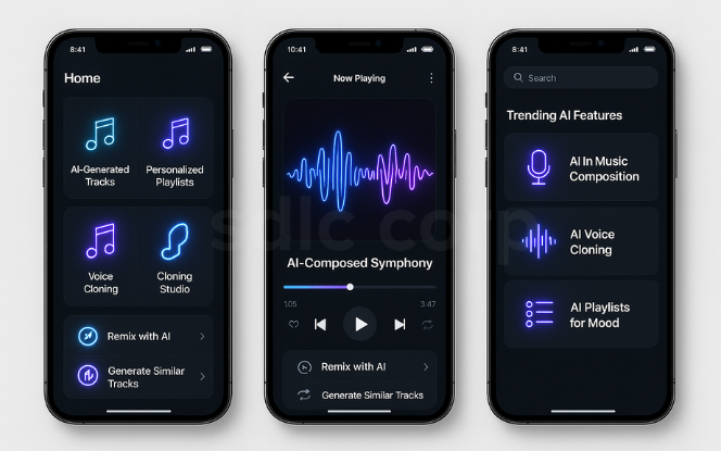 Mobile mockup showing AI in the music industry with AI-generated tracks, personalized playlists, and voice cloning features.