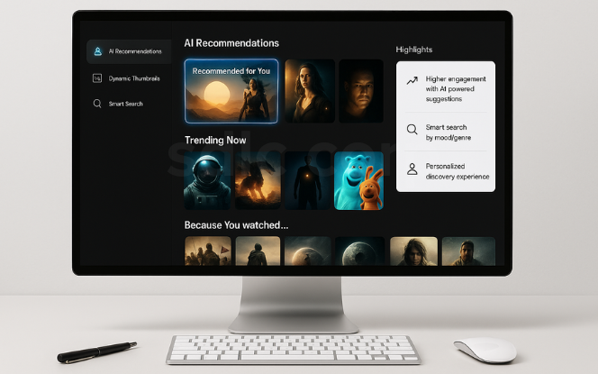 Desktop mockup showing AI in streaming and content discovery with personalized recommendations, dynamic thumbnails, and smart search features.