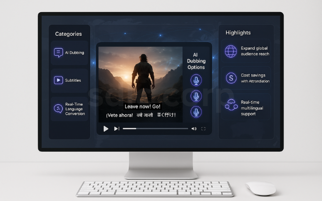 Desktop mockup showing AI in localization and global reach with multilingual subtitles, AI dubbing, and real-time translation features.
