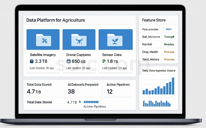 Agriculture data platform dashboard displaying storage stats for satellite, drone, and sensor data, along with AI pipeline activity and feature store readiness.