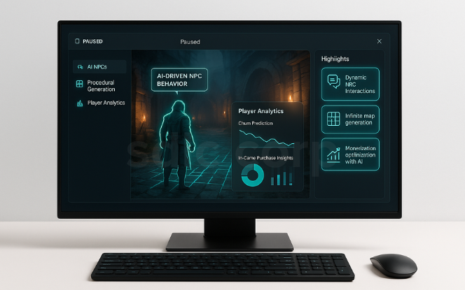 Desktop mockup showing AI in gaming and interactive media with AI-driven NPCs, procedural content generation, and player analytics dashboards.