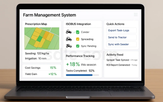 Farm management system dashboard showing prescription maps, ISO integration, task syncing, performance tracking, and quick actions for operational efficiency.
