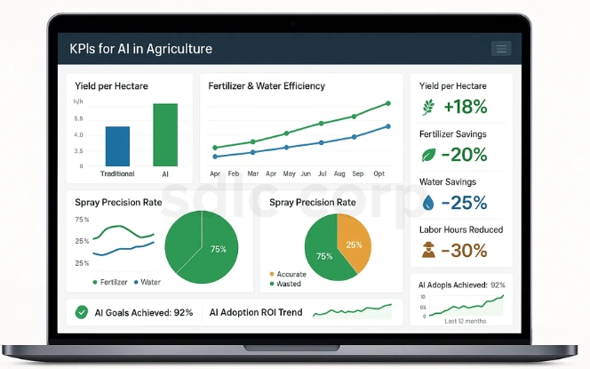 AI in agriculture KPI dashboard showing yield improvements, resource efficiency trends, spray precision, cost savings, and overall AI adoption performance.
