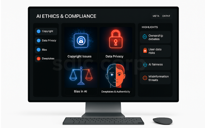 Desktop mockup showing ethical and legal considerations of AI in entertainment with icons for copyright, privacy, bias, and deepfake risks.