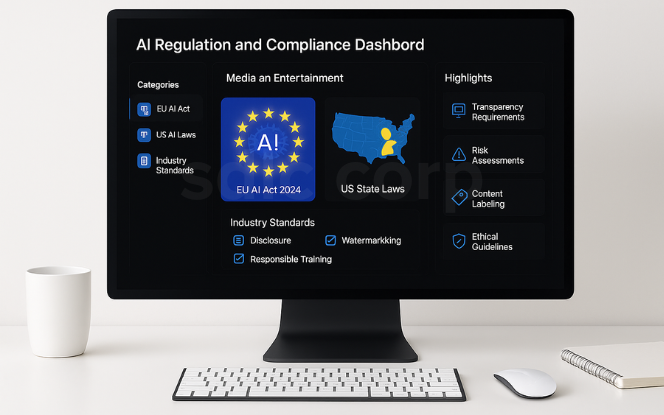 Desktop mockup showing AI regulatory landscape in entertainment with EU AI Act, US state laws, and industry standards compliance dashboard.