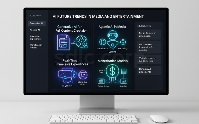 Desktop mockup showing future trends in AI for entertainment with generative AI, agentic AI, immersive experiences, and monetization models.