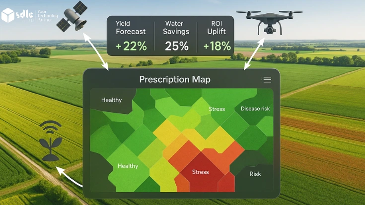 Prescription map and analytics dashboard showing yield forecast, water savings, and ROI uplift, with satellite and drone inputs, highlighting stress and risk zones on the farm.
