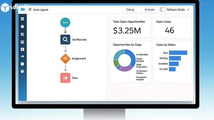 Salesforce Flow Builder on desktop showing a flow with Get Records, Assignment, and analytics.