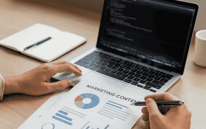 Practical use cases of BabyAGI displayed on a laptop with coding screen and marketing content chart, representing research, marketing, and developer workflows.