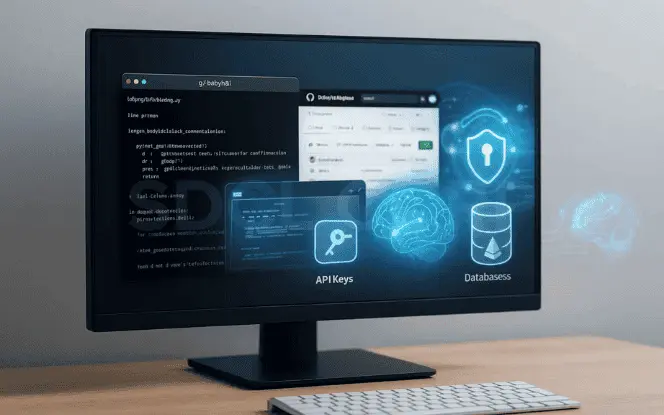Monitor showing BabyAGI setup process with Python code, GitHub repository, API keys, and vector databases, symbolizing how to get started with BabyAGI.