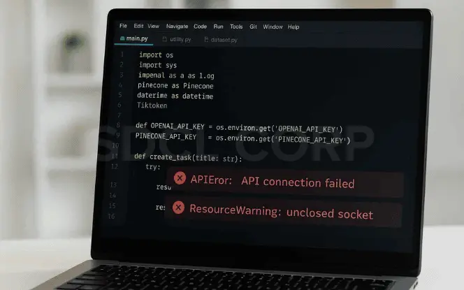Limitations of BabyAGI shown on a laptop screen with API connection failed and resource warning errors, highlighting challenges like API dependency and costs