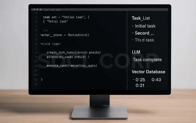 Monitor showing BabyAGI task loop with task list, LLM output, and vector database integration, explaining how BabyAGI works.