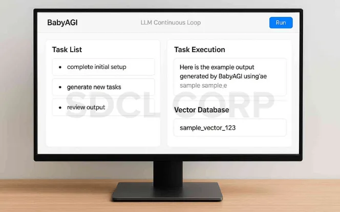 Desktop monitor displaying a BabyAGI dashboard with task list, task execution panel, and vector database, illustrating how BabyAGI manages autonomous AI workflows.