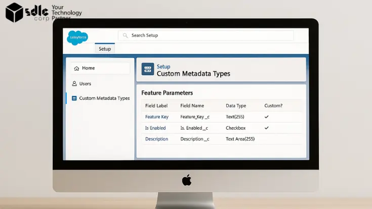 A realistic desktop mockup showing the Salesforce Setup home screen. The left sidebar highlights 'Custom Metadata Types' under Setup. The main panel displays a list view of existing CMDTs with columns like Label, API Name, and Visibility. Light background, professional UI style, no branding.