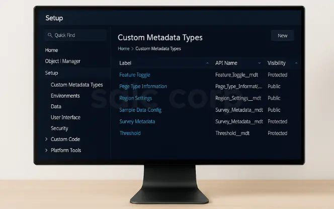  Alt text: Salesforce Setup showing Custom Metadata Types list in desktop mockup.