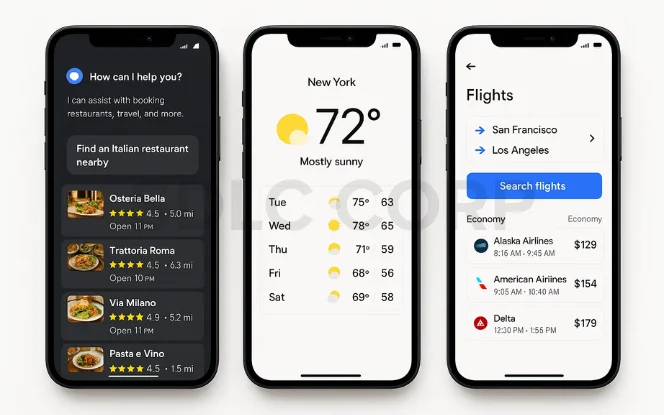 Task-Oriented AI Agent mobile interface showing restaurant booking, weather updates, and flight search with AI task automation.