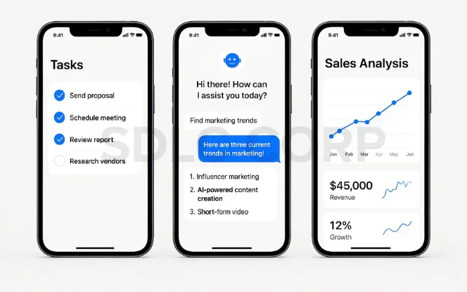 Task-Oriented AI Agent mobile interface showing task list, AI assistant for marketing trends, and sales analysis with revenue growth.