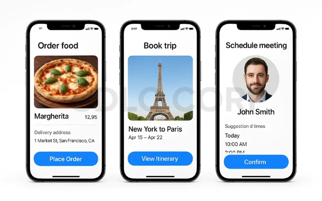 Task-Oriented AI Agent mobile apps showing food ordering, trip booking, and meeting scheduling for seamless AI task automation.