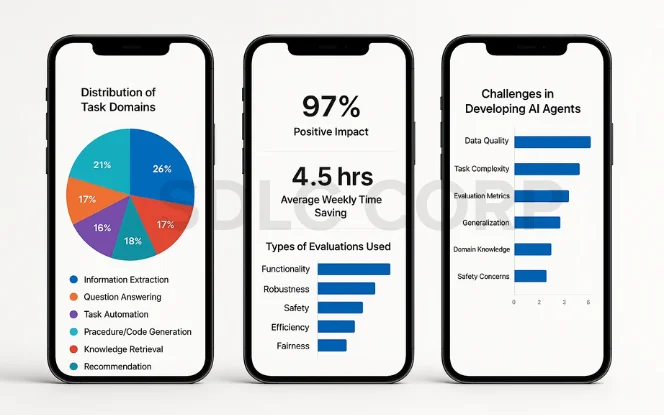 Statistics on Task-Oriented AI Agents showing task domain distribution, 97% positive impact, time savings, and development challenges.