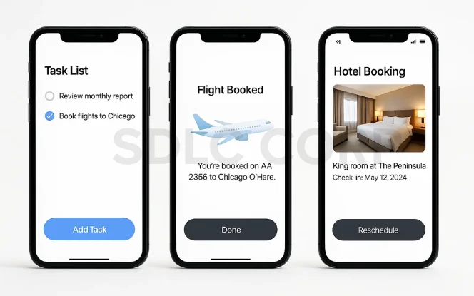 Mobile UI mockup showing task list, flight booking confirmation, and hotel reservation, highlighting key features of a Task-Oriented AI Agent.