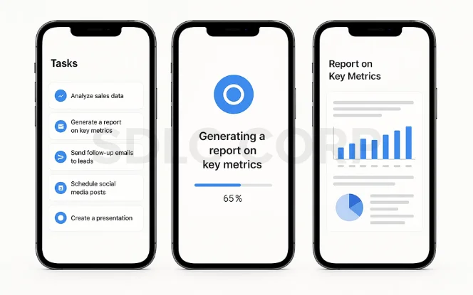 Mobile app UI showing AI task automation with task list, progress screen generating key metrics report, and final analytics dashboard.