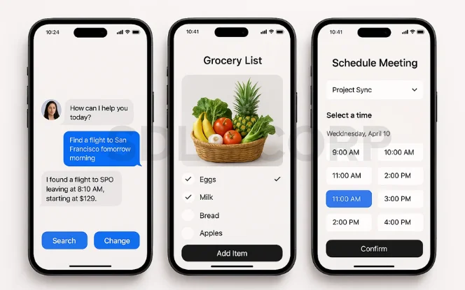 Mobile app UI with AI assistant helping in booking flights, managing grocery list, and scheduling meetings with time options.