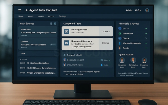 Dashboard 'Personal AI Agents – Simple View' on a monitor: email sorting, meeting scheduling, and document summaries.