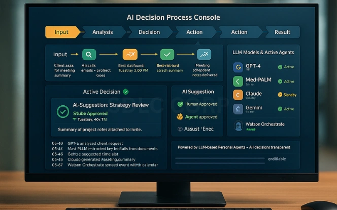 Dashboard flow showing Perceive, Think, Plan, Act, Learn steps with AI agent tasks on a monitor.